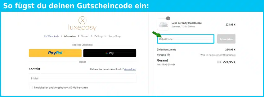 luxecosy Gutschein einfuegen und sparen blau