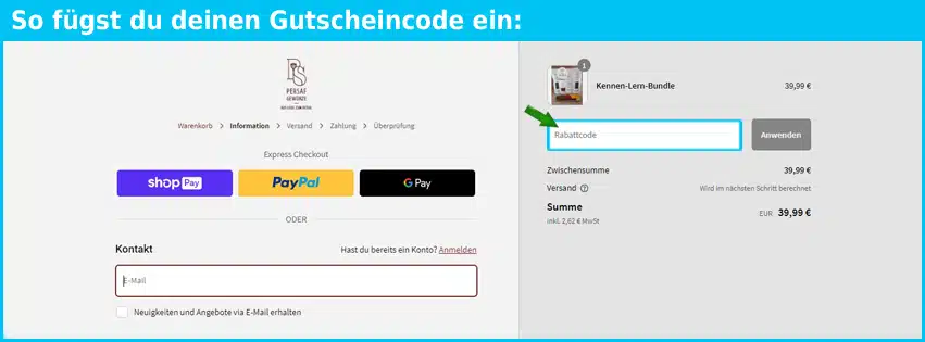 persaf Gutschein einfuegen und sparen blau