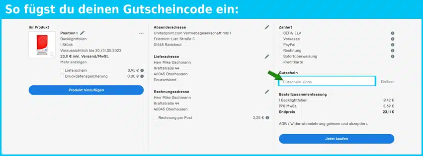 print24 Gutschein einfuegen und sparen blau