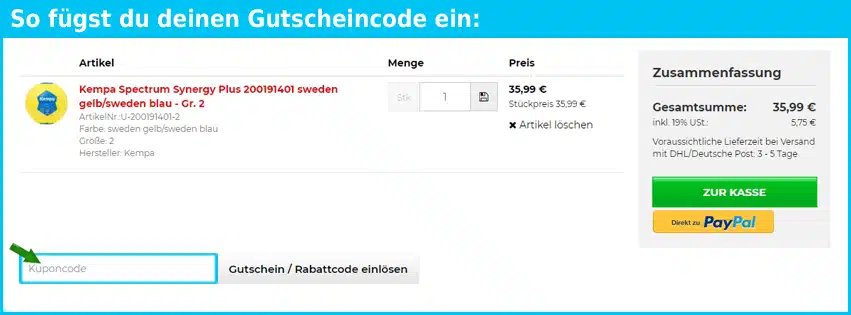 sport-kanze Gutschein einfuegen und sparen blau