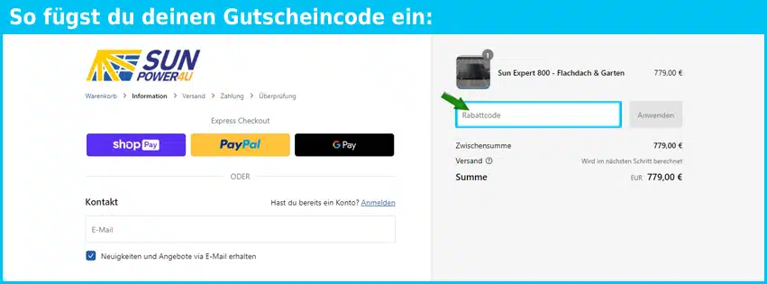 sunpower4u Gutschein einfuegen und sparen blau