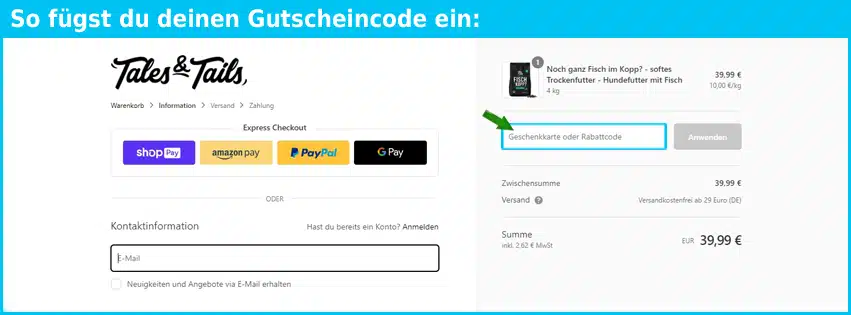 talesandtails Gutschein einfuegen und sparen blau