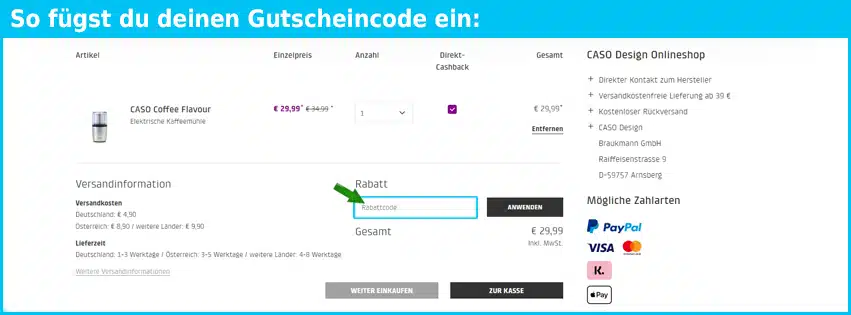 caso-design Gutschein einfuegen und sparen blau