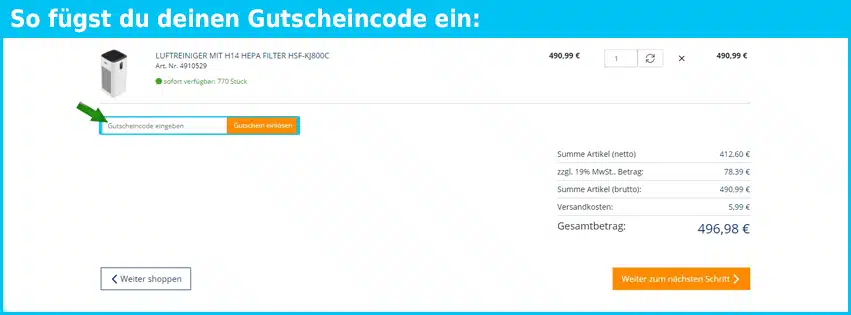 e-partner-webshop Gutschein einfuegen und sparen blau