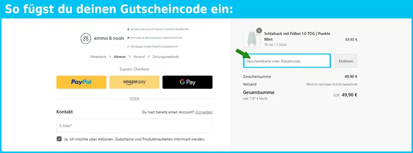 emmanoah Gutschein einfuegen und sparen blau