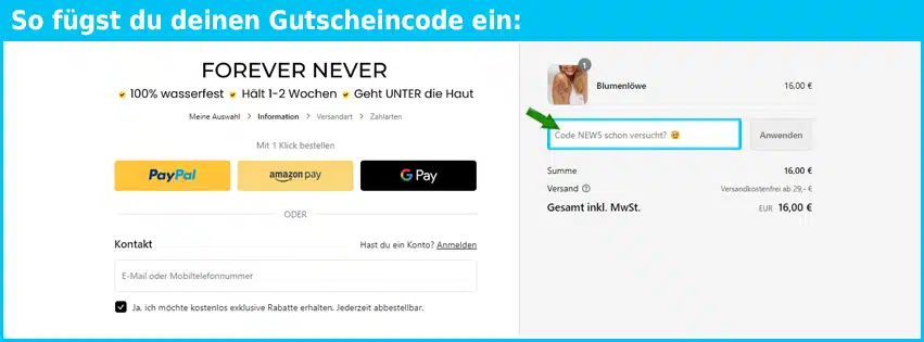 forever-never Gutschein einfuegen und sparen blau