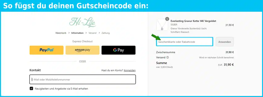 hi-life Gutschein einfuegen und sparen blau