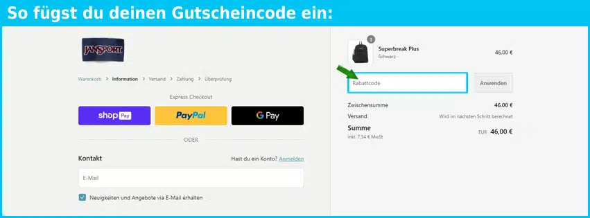 jansport Gutschein einfuegen und sparen blau