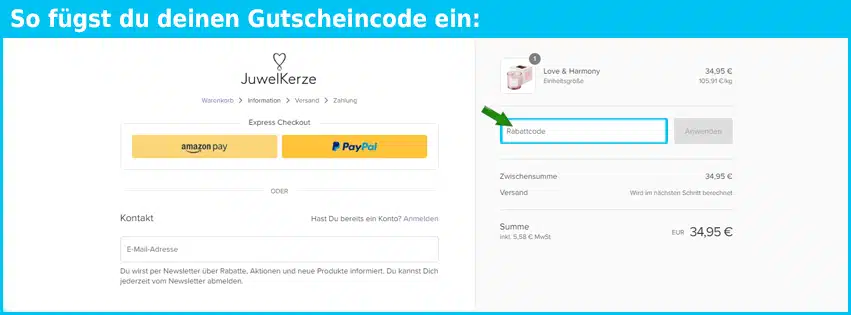 juwelkerze Gutschein einfuegen und sparen blau