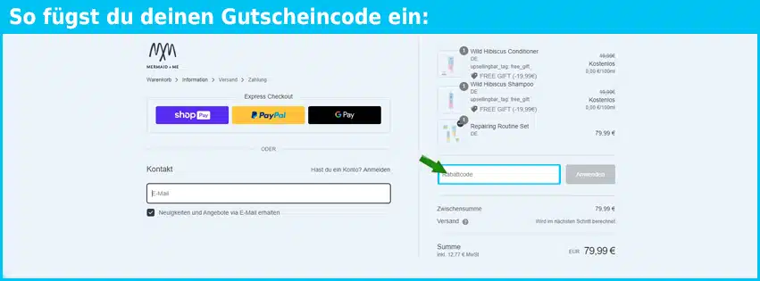 mermaidme Gutschein einfuegen und sparen blau