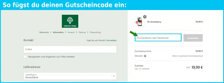 naturalmojo Gutschein einfuegen und sparen blau