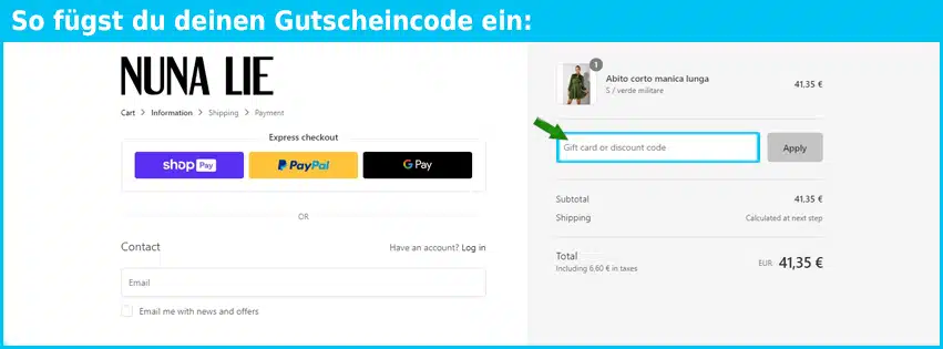 nunalie Gutschein einfuegen und sparen blau