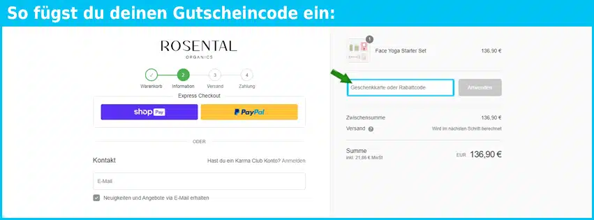 rosental Gutschein einfuegen und sparen blau