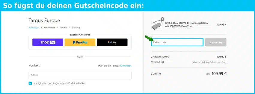 targus Gutschein einfuegen und sparen blau