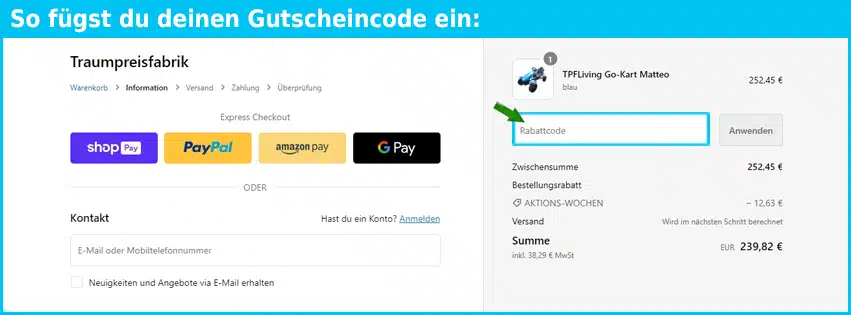 traumpreisfabrik Gutschein einfuegen und sparen blau