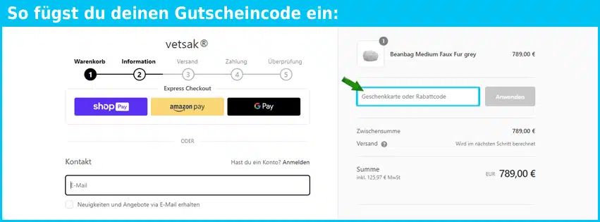 vetsak Gutschein einfuegen und sparen blau