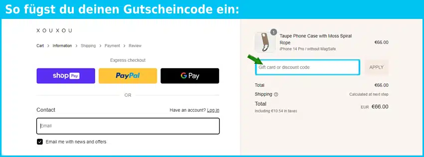 xouxou Gutschein einfuegen und sparen blau