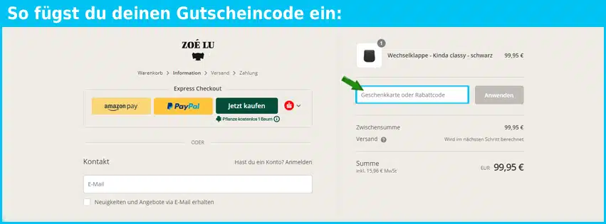 zoelu Gutschein einfuegen und sparen blau