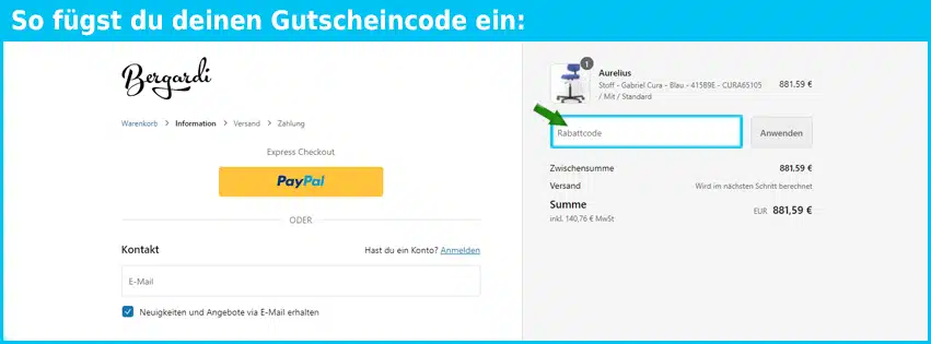 bergardi Gutschein einfuegen und sparen blau