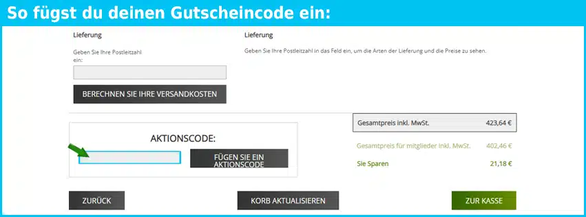 dancovershop.com Gutschein einfuegen und sparen blau