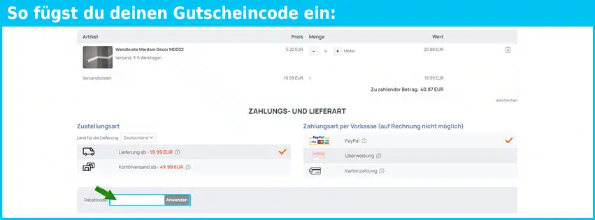decormarket Gutschein einfuegen und sparen blau