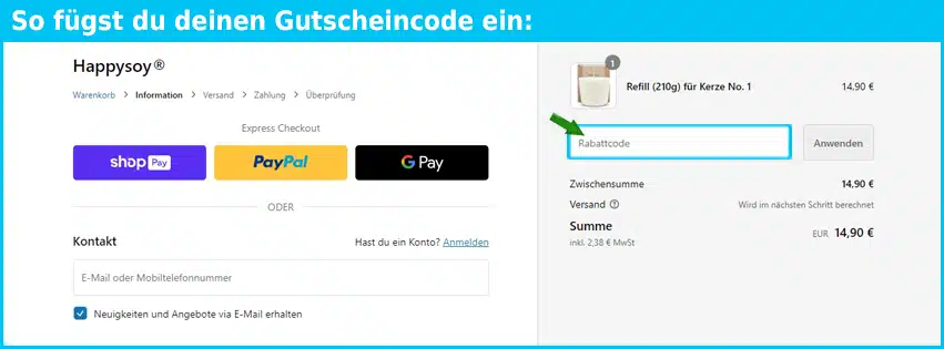 happysoy Gutschein einfuegen und sparen blau