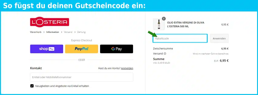 losteria Gutschein einfuegen und sparen blau