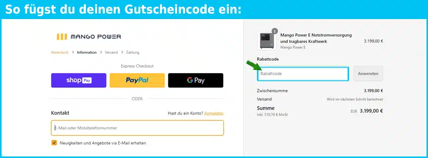 mangopower Gutschein einfuegen und sparen blau