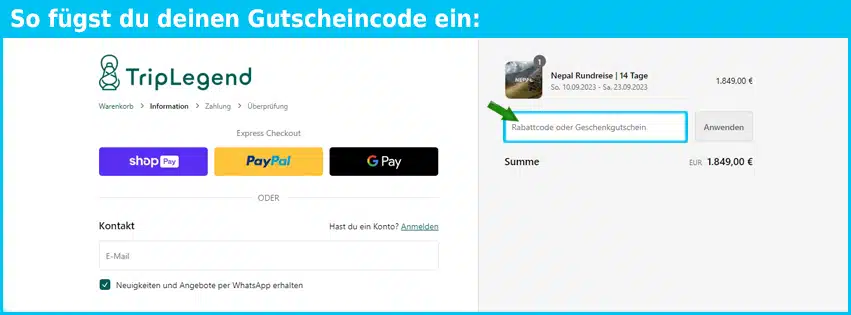 triplegend Gutschein einfuegen und sparen blau