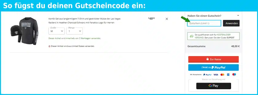 fanatics Gutschein einfuegen und sparen blau