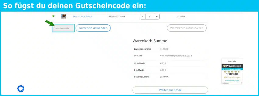 greensolar Gutschein einfuegen und sparen blau
