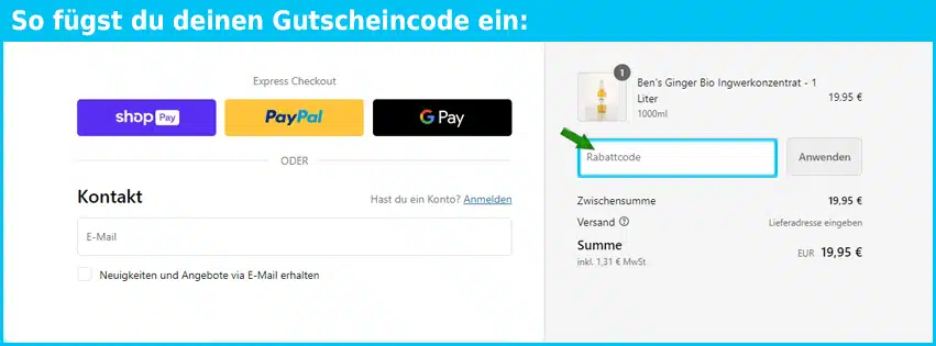 bensginger Gutschein einfuegen und sparen blau