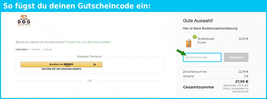 dog-native Gutschein einfuegen und sparen blau
