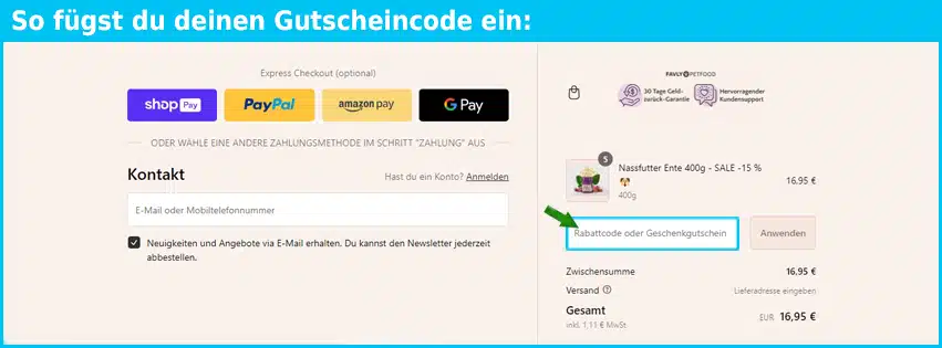favly-pet Gutschein einfuegen und sparen blau