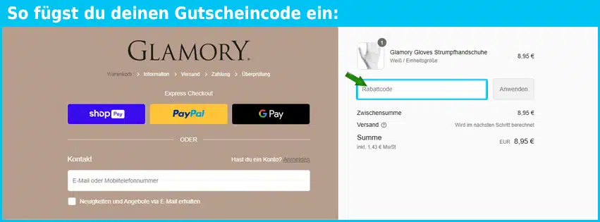 glamory Gutschein einfuegen und sparen blau