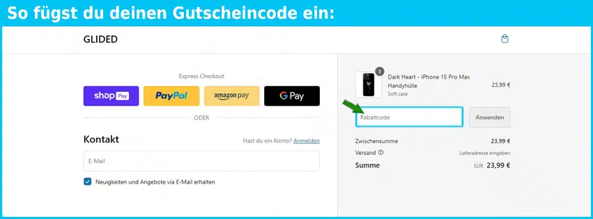 glided Gutschein einfuegen und sparen blau