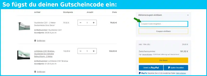hanse-stuckleisten Gutschein einfuegen und sparen blau