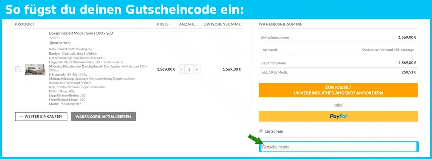 meisterbetten Gutschein einfuegen und sparen blau