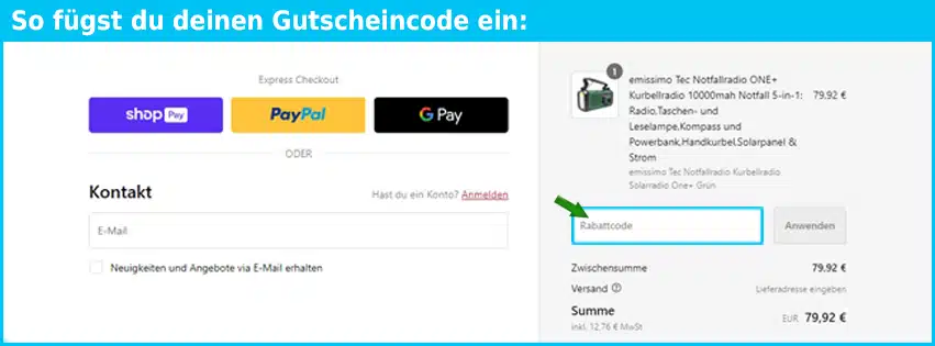 notfallradio Gutschein einfuegen und sparen blau