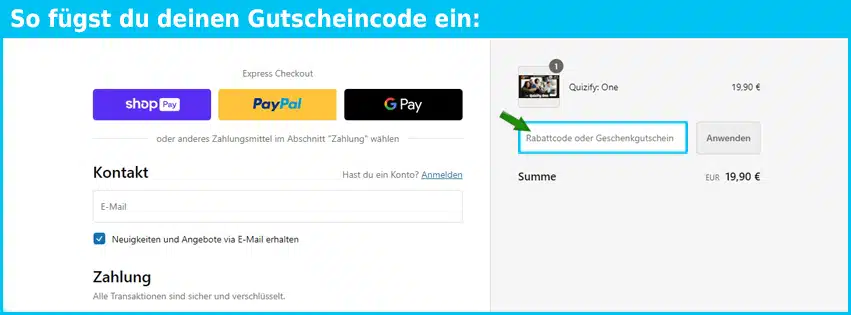 quizify Gutschein einfuegen und sparen blau