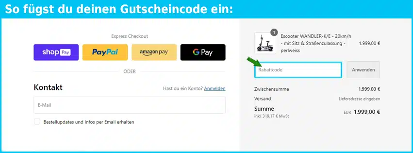 wandler-elektroroller Gutschein einfuegen und sparen blau