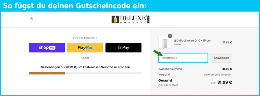 deluxehomeartshop Gutschein einfuegen und sparen blau