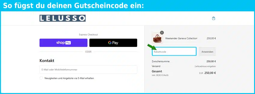 lelusso Gutschein einfuegen und sparen blau