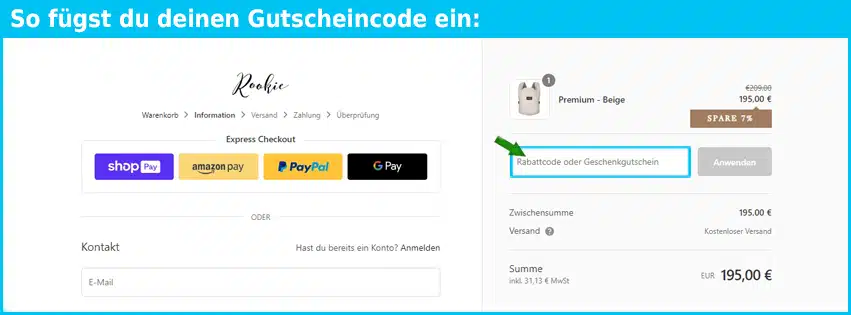 rookie Gutschein einfuegen und sparen blau