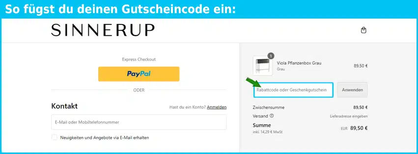 sinnerup Gutschein einfuegen und sparen blau