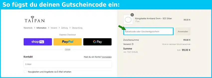 taipanschmuck Gutschein einfuegen und sparen blau