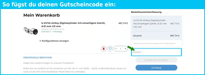 digitalzylinder-shop Gutschein einfuegen und sparen blau