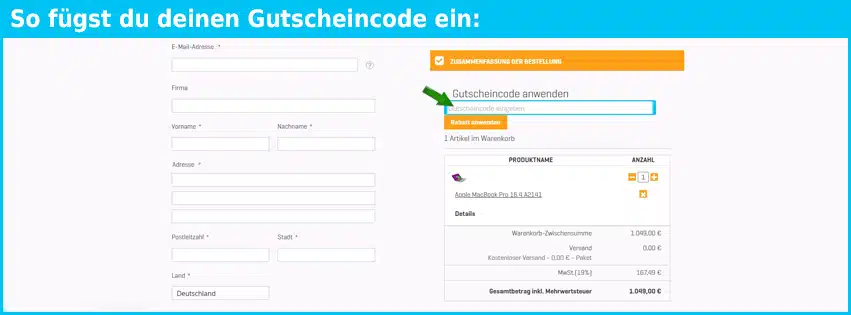 notebookgalerie Gutschein einfuegen und sparen blau