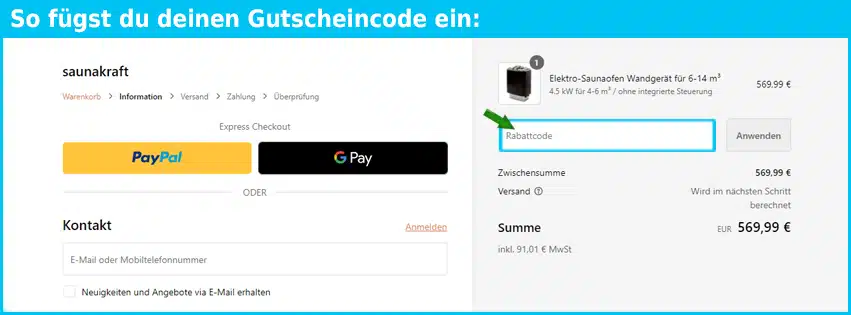 saunakraft Gutschein einfuegen und sparen blau