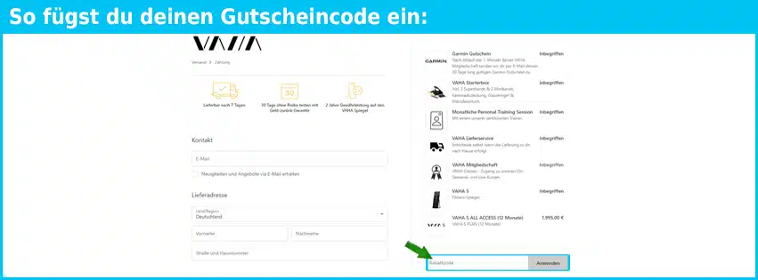 vaha Gutschein einfuegen und sparen blau